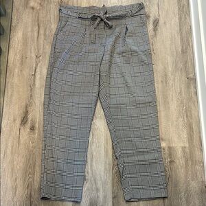 Gray Dress Pants with Plaid Pattern and Adjustable Waist